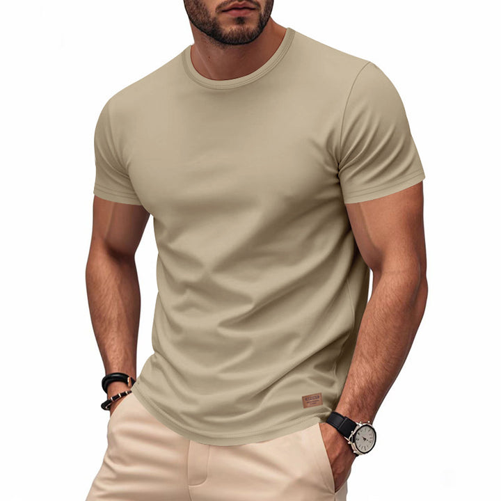 Herren nan schlankes Rundhals-T-Shirt aus glattem Stretchjersey mit dezenter Leder-Logoapplikation Echo Archiv