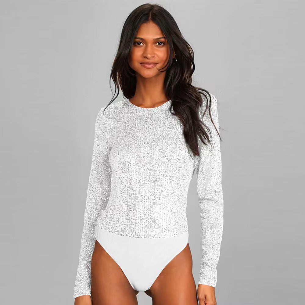 Damen Funktionsreicher Pailletten-Bodysuit mit langem Arm Echoarchiv