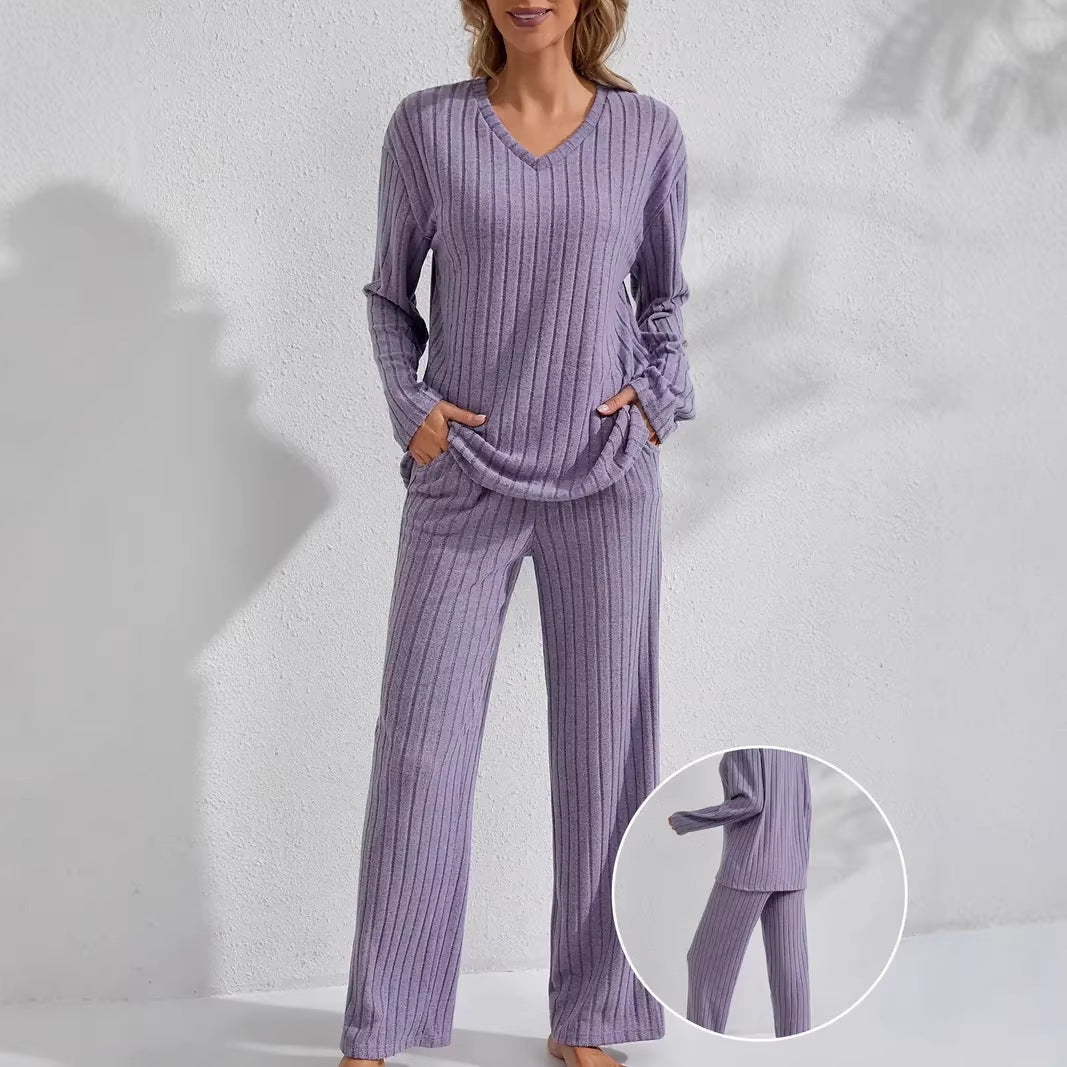 Damen Zweiteiliges geripptes Lounge-Set mit V-Ausschnitt und weitem Bein Echo Archiv