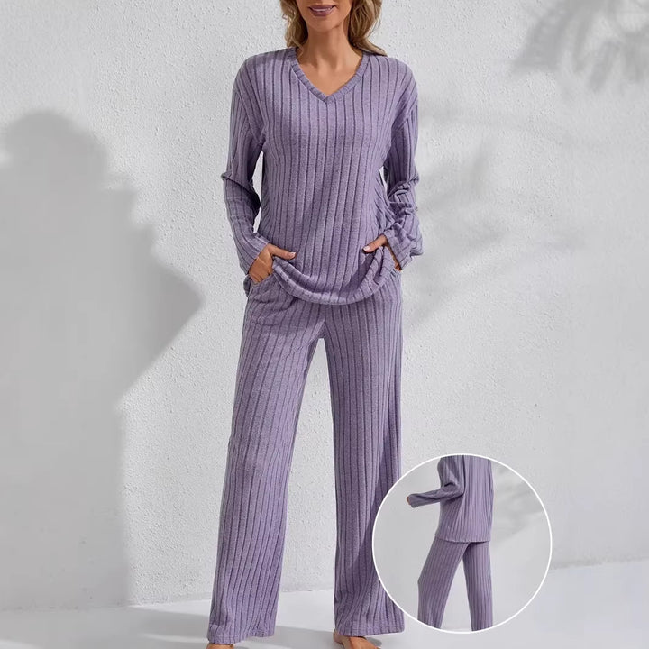 Damen Zweiteiliges geripptes Lounge-Set mit V-Ausschnitt und weitem Bein Echo Archiv
