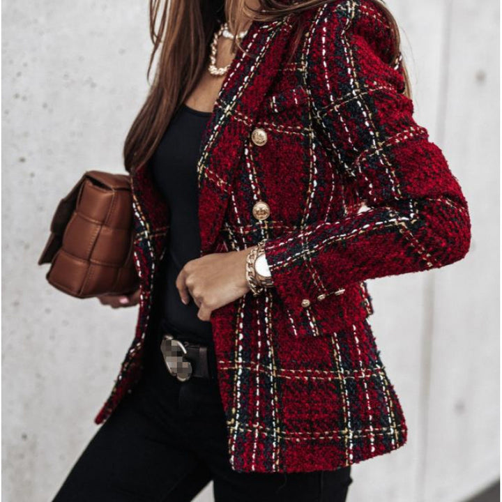 Damen nan eleganter Tweed-Blazer mit Doppelknopf, strukturierter Webung und aufgesetzten Taschen Echo Archiv