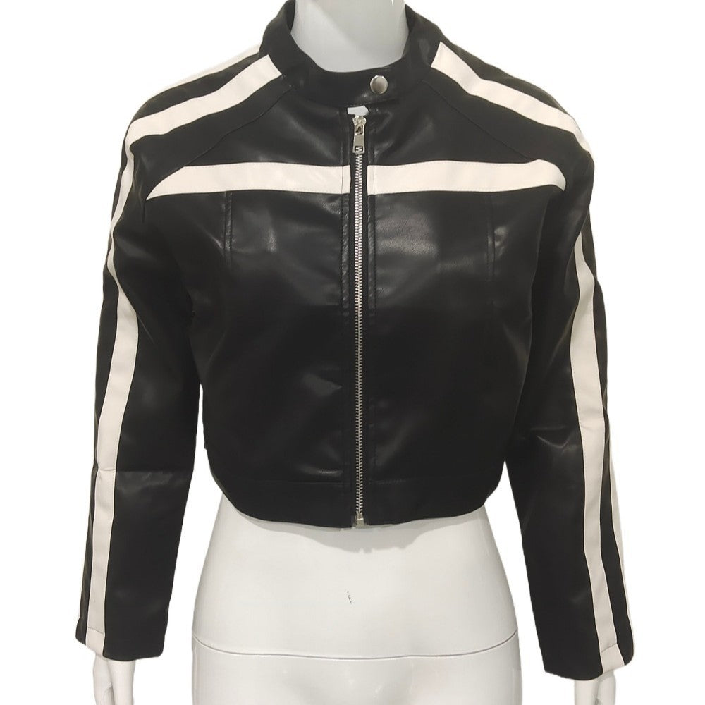 Damen Kurzjacke aus Kunstleder im Racing-Look mit Kontraststreifen und Stehkragen – Célinea