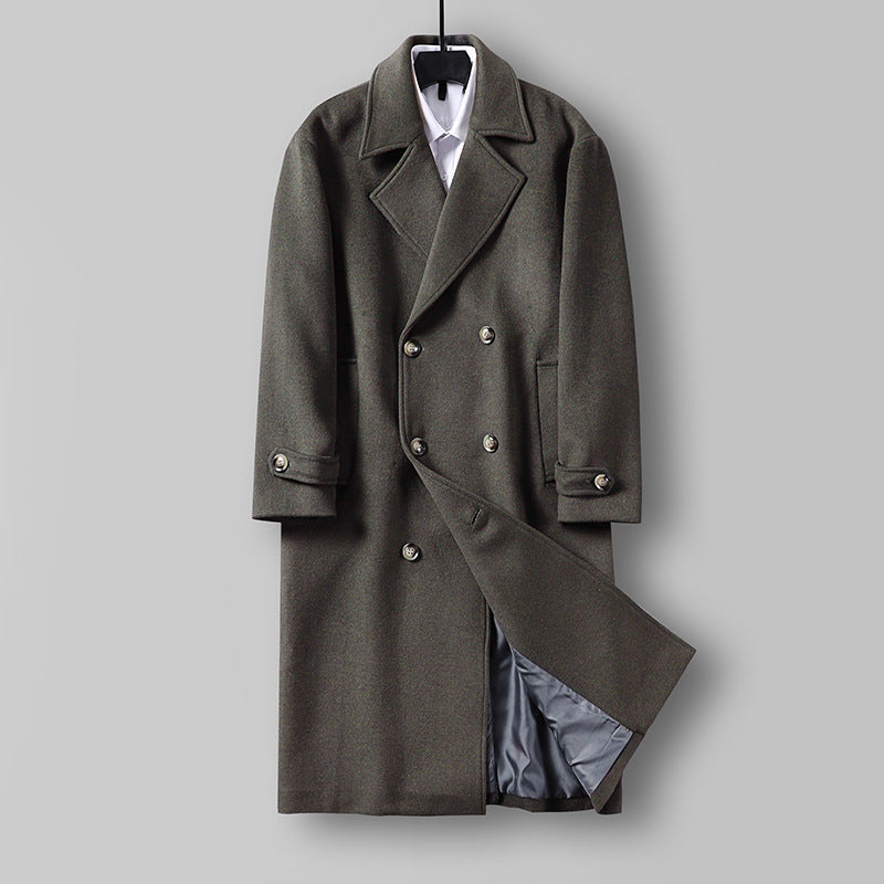 Herren Langer Doppelreihiger Wollmantel mit minimalistischer Silhouette und Schalkragen Echoarchiv