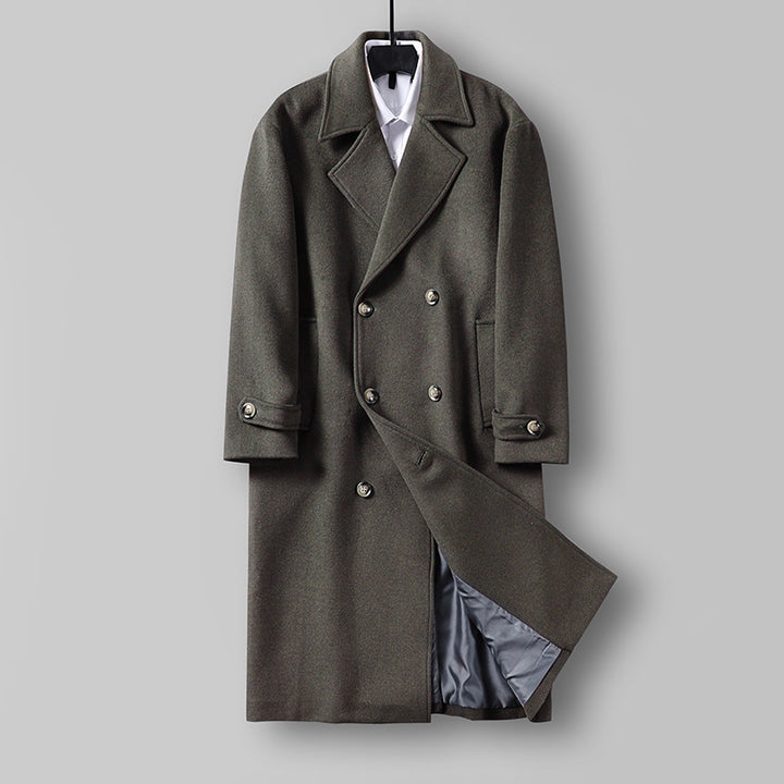 Herren Langer Doppelreihiger Wollmantel mit minimalistischer Silhouette und Schalkragen Echoarchiv