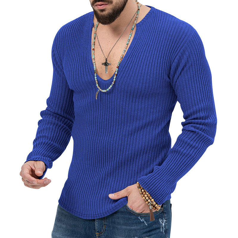 Herren Langarm-Rippenpullover mit tiefem V-Ausschnitt und modernem Schnitt Echoarchiv