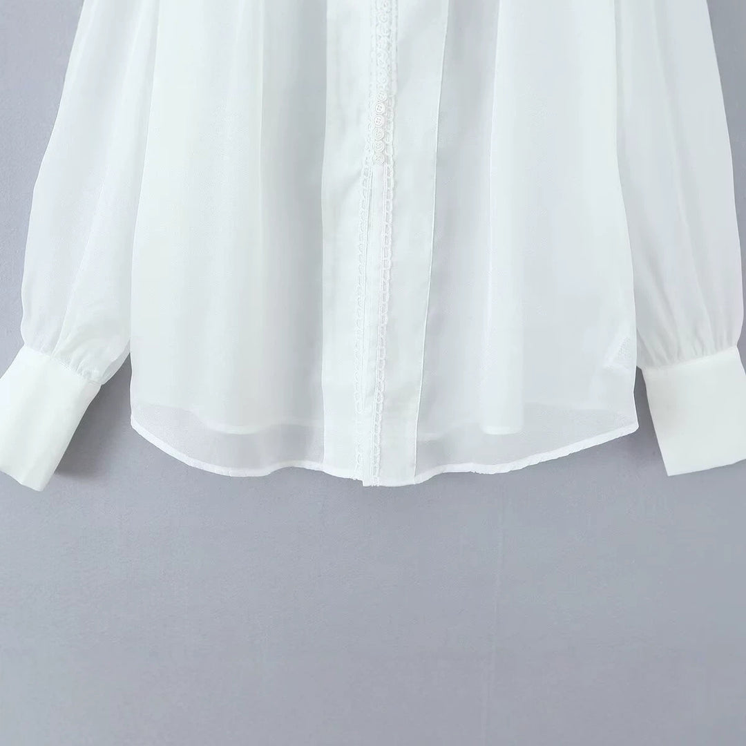 Damen Transparente Chiffon-Bluse mit Spitzenbesatz, Ballonärmeln und breiten Manschetten Echo Archiv