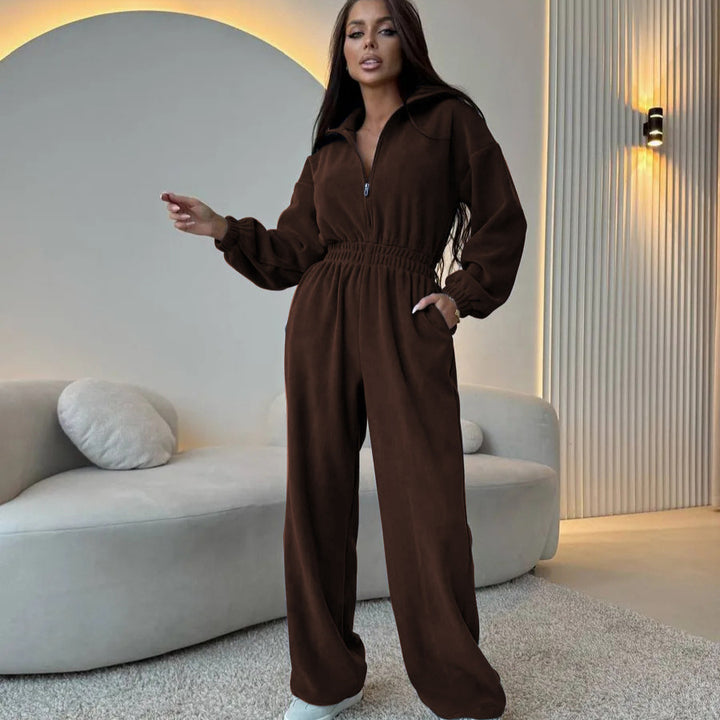Damen Oversized Loungewear-Jumpsuit mit halbem Reißverschluss und elastischer Taillenraffung – Solévia