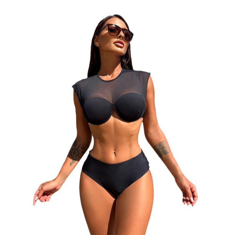 Damen Sport-Bikini-Oberteil mit transparenten Ärmeln und hochgeschnittenem Unterteil Echo Archiv