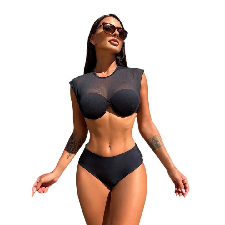 Damen Sport-Bikini-Oberteil mit transparenten Ärmeln und hochgeschnittenem Unterteil Echo Archiv
