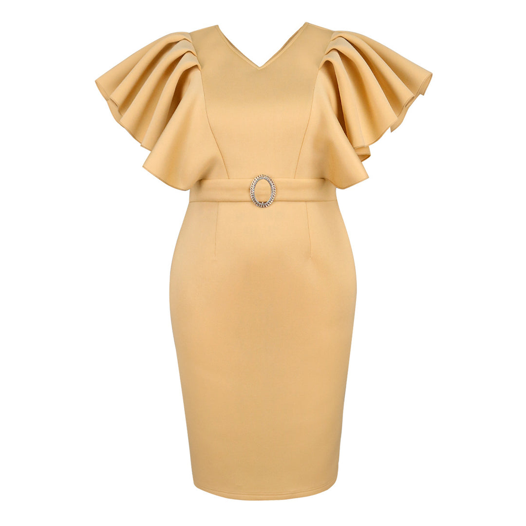 Damen figurbetontes Kleid mit voluminösen Rüschenärmeln und Taillengürtel Echo Archiv