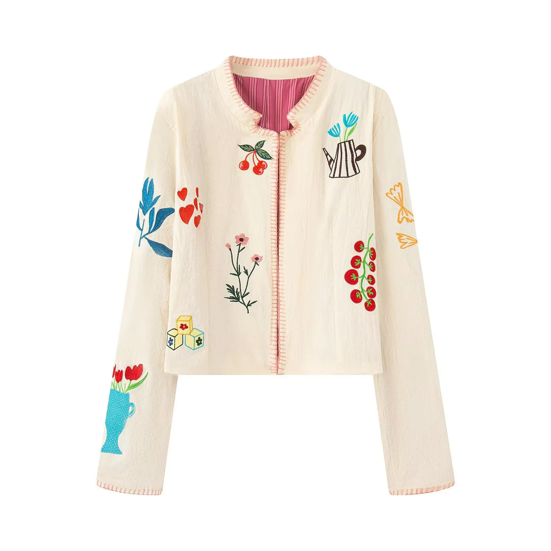 Damen artisanal bestickte Kurzjacke mit Rundhalsausschnitt, feinem Zierstich und leichtem Baumwollmix – Célinea