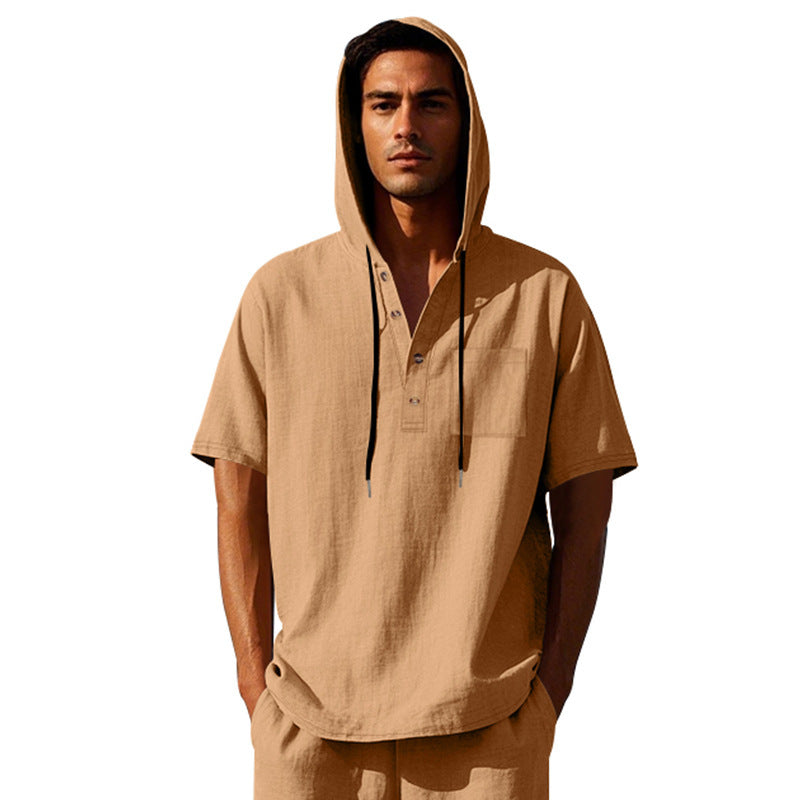 Herren lässiges Kapuzen-Sommerhemd mit Knopfleiste und Brusttasche Echoarchiv
