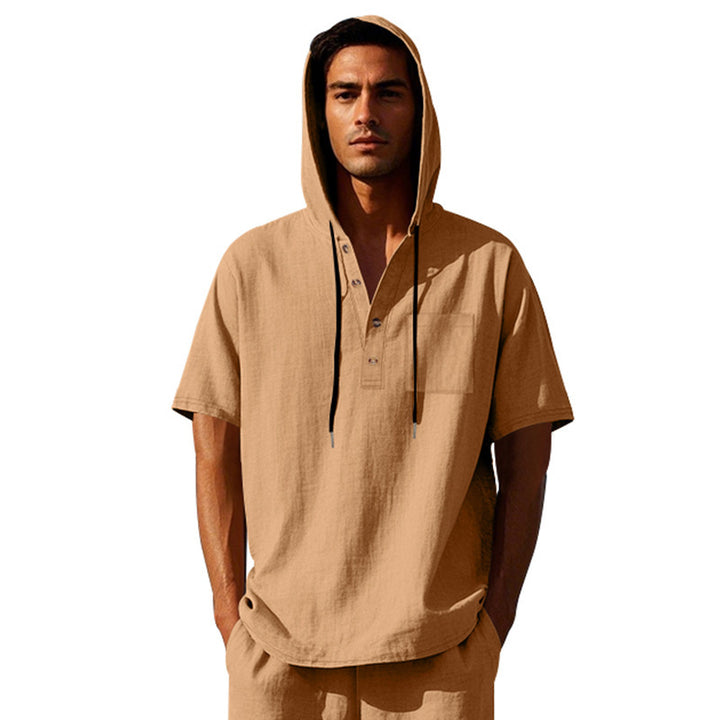 Herren lässiges Kapuzen-Sommerhemd mit Knopfleiste und Brusttasche Echoarchiv