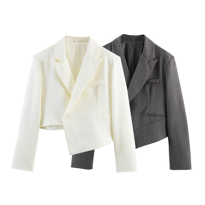 Damen Asymmetrischer Cropped-Blazer mit schräger Saumlinie und Reverskragen Echo Archiv