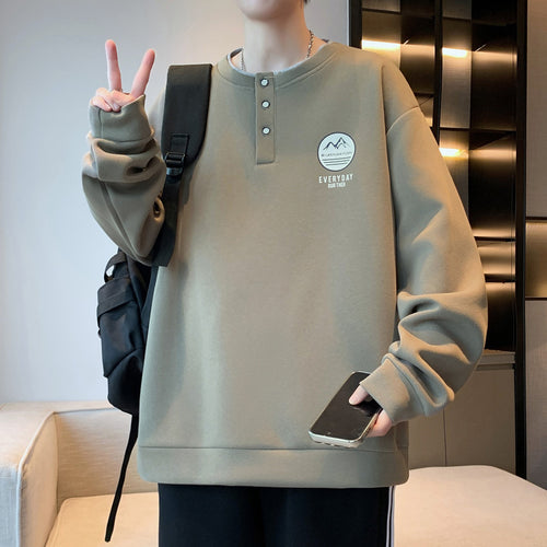 Herren lässiger Langarmpullover mit Knopf und gesticktem Motiv Echoarchiv