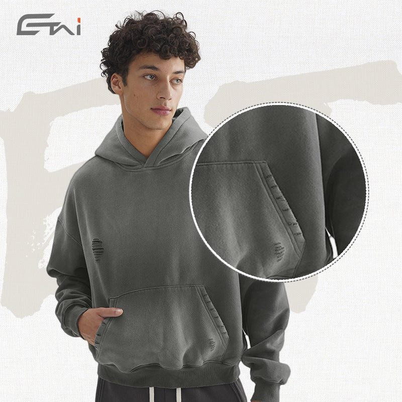 Herren Oversize-Kapuzenpullover mit verwaschenem Used-Effekt und Destroyed-Details Echo Archiv