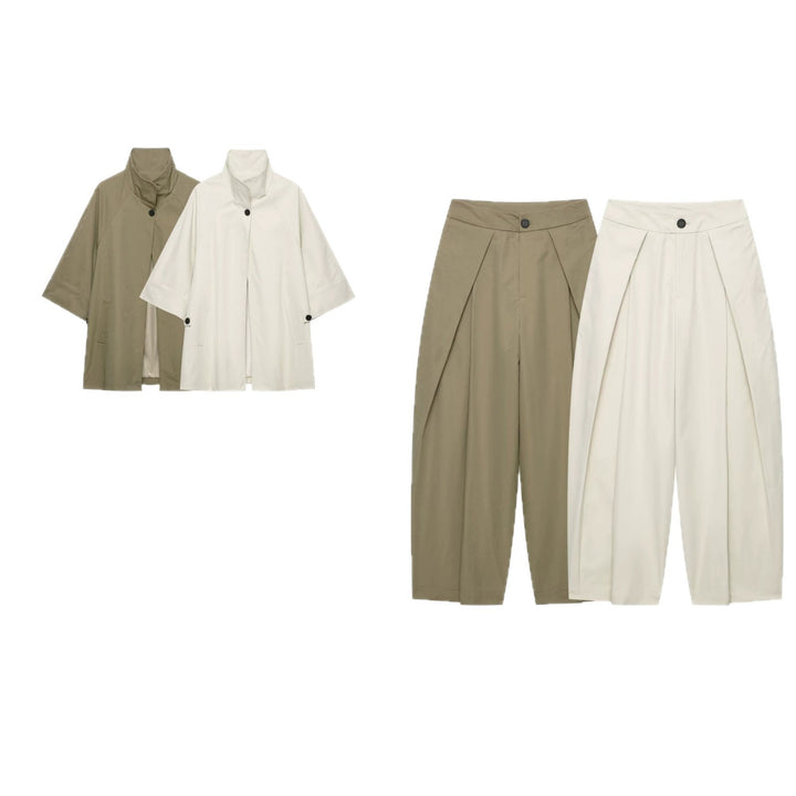 Damen Zweiteiler Kurzcape-Jacke mit Stehkragen und hochtaillierter Plissee-Culotte Echo Archiv