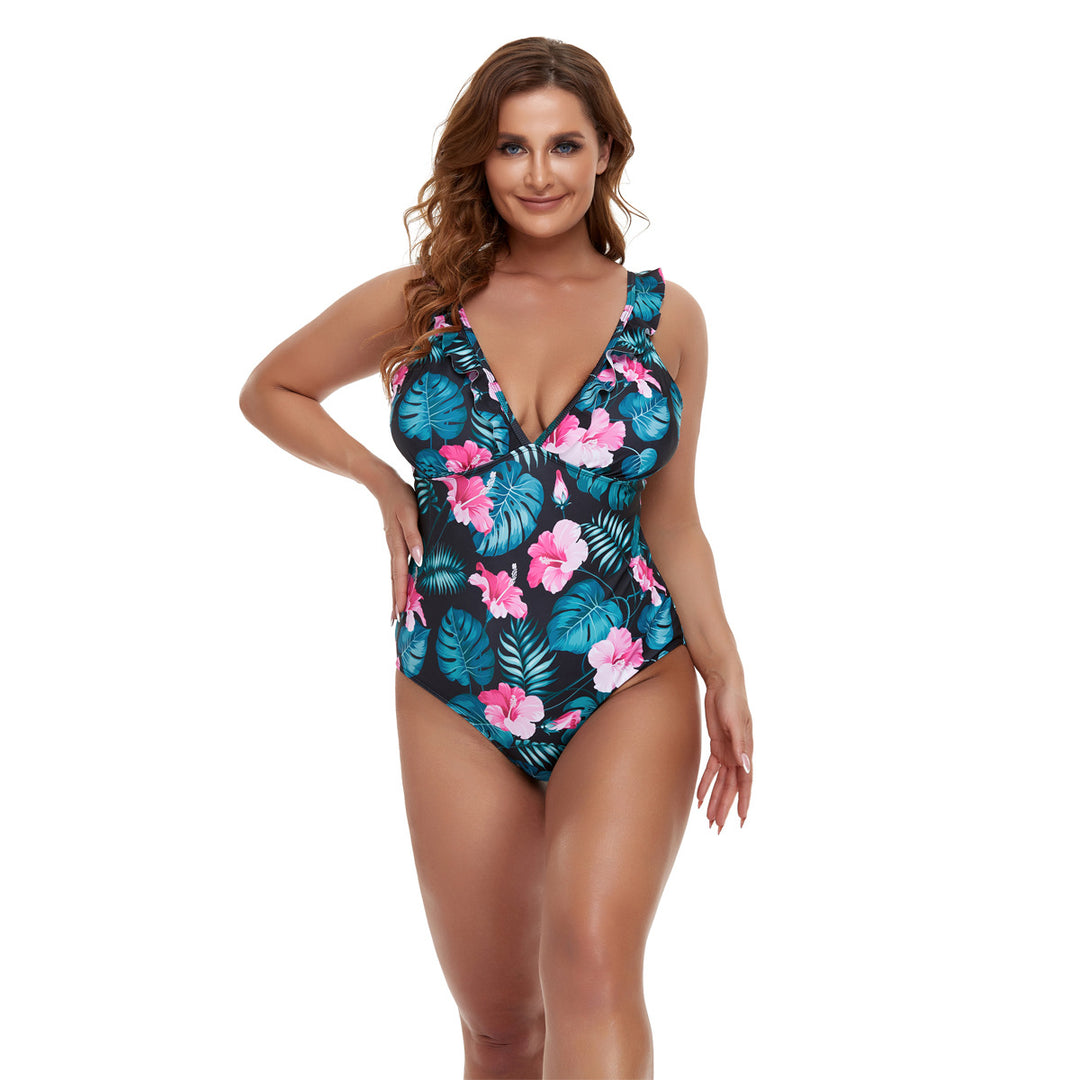 Damen Einteiler Badeanzug mit floralem Design und tiefem V-Ausschnitt Echo Archiv