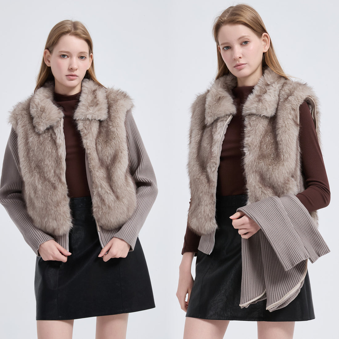 Damen Hybridjacke mit Kunstfell‑Front und gerippten Strickärmeln – Célinea
