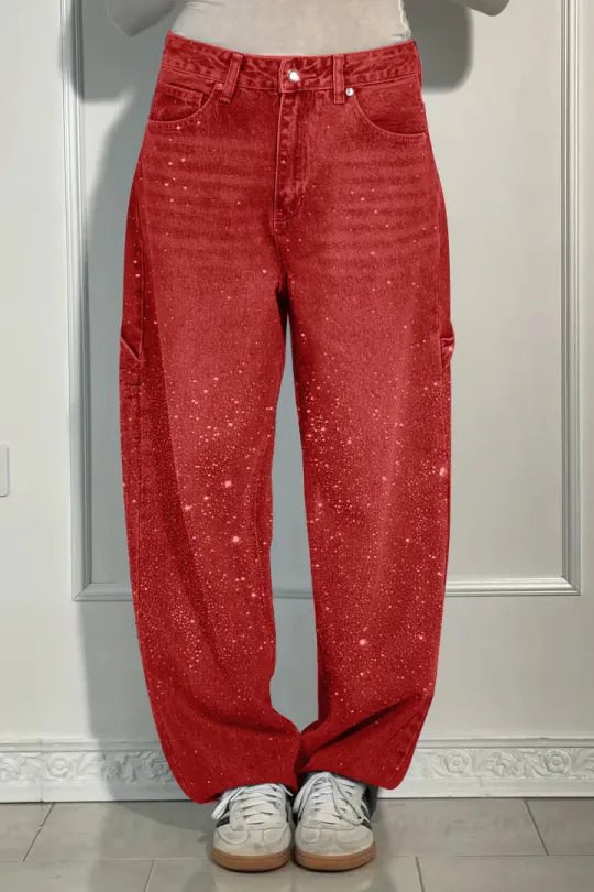 Damen High-Waist Jeans im weiten Cargo-Schnitt mit funkelndem Strassbesatz Echo Archiv