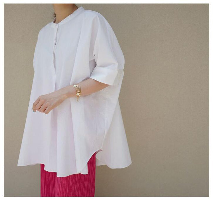 Damen Oversize-Tunikahemd mit Stehkragen, kastiger A-Linie und verlängertem Rückensaum – Maréline