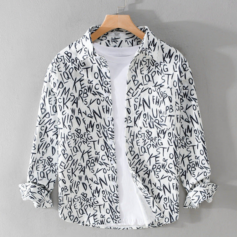 Herren Locker geschnittenes Langarm-Overshirt mit Allover-Letterprint und Brusttasche Echoarchiv