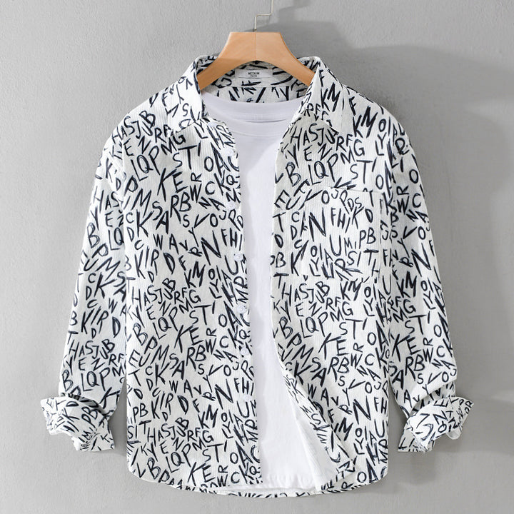 Herren Locker geschnittenes Langarm-Overshirt mit Allover-Letterprint und Brusttasche Echoarchiv