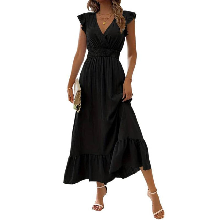 Damen Maxikleid mit voluminösen Rüschenärmel und elegantem Bund – Valéora
