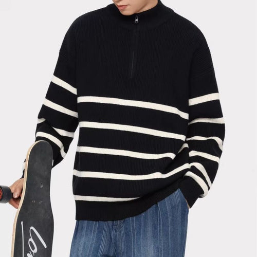 Unisex Oversize Strickpullover mit halbem Reißverschluss, maritimen Kontraststreifen und strukturierter Rippoptik Echoarchiv