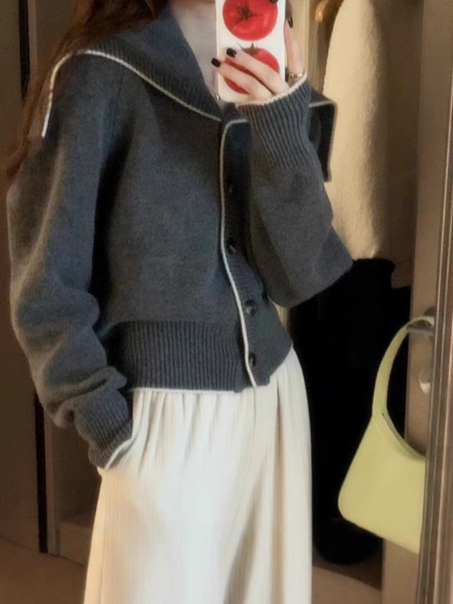 Damen Strickcardigan mit übergroßem Matrosenkragen und kontrastkante Echoarchiv