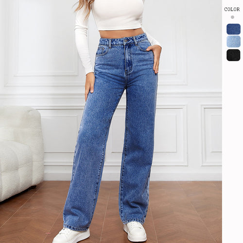 Damen nan hochgeschnittene weite Denimjeans mit geradem Bein und elastischem Bund Echo Archiv