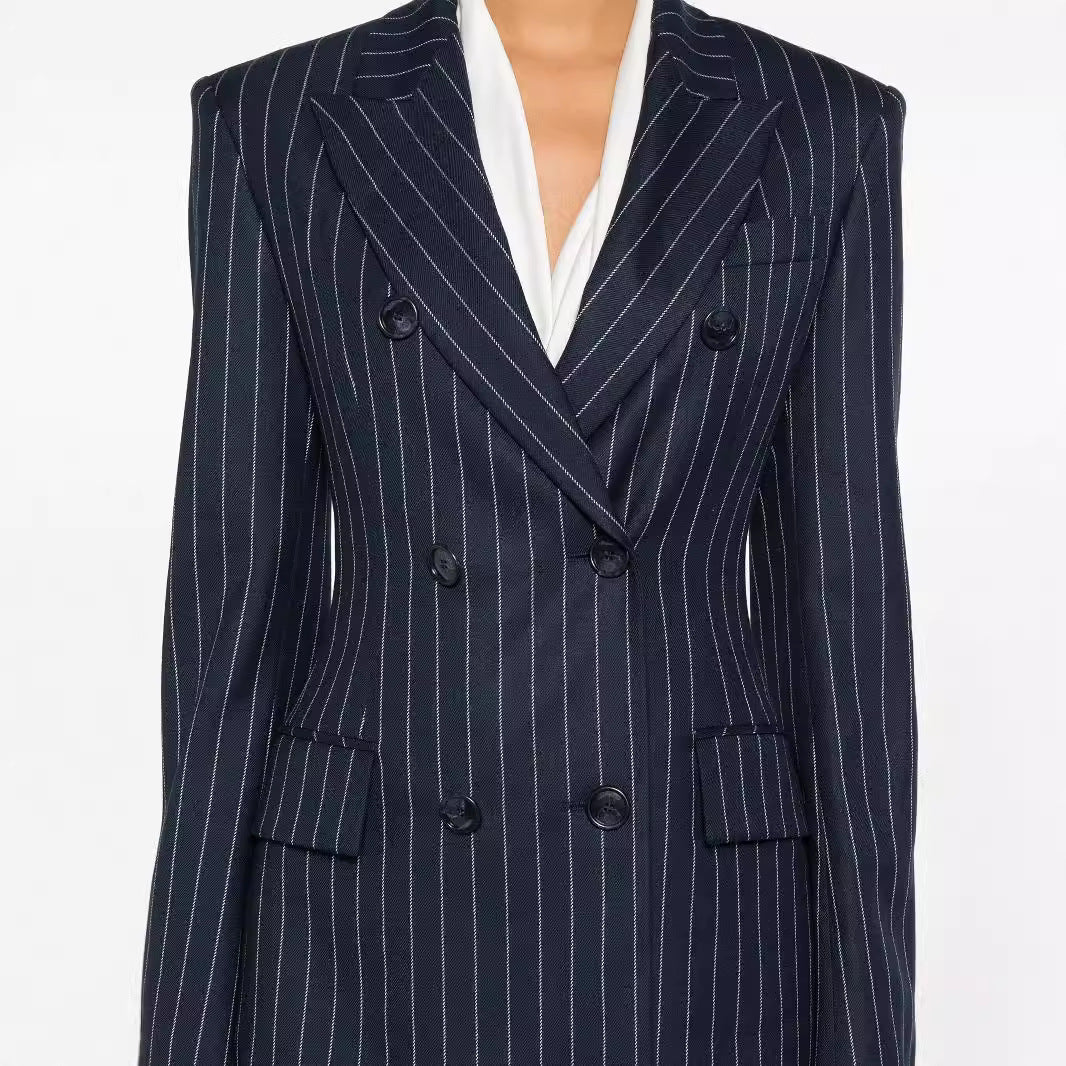 Damen Nadelstreifen Zweireihiger Blazer mit High‑Waist Schlaghose Echoarchiv