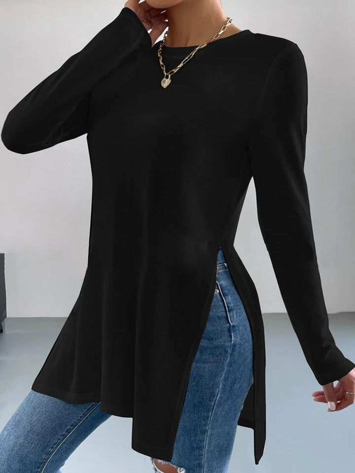 Damen Langes Feinstrick-Tunika-Shirt mit Seitenschlitzen und gerundetem Saum – Mavelle