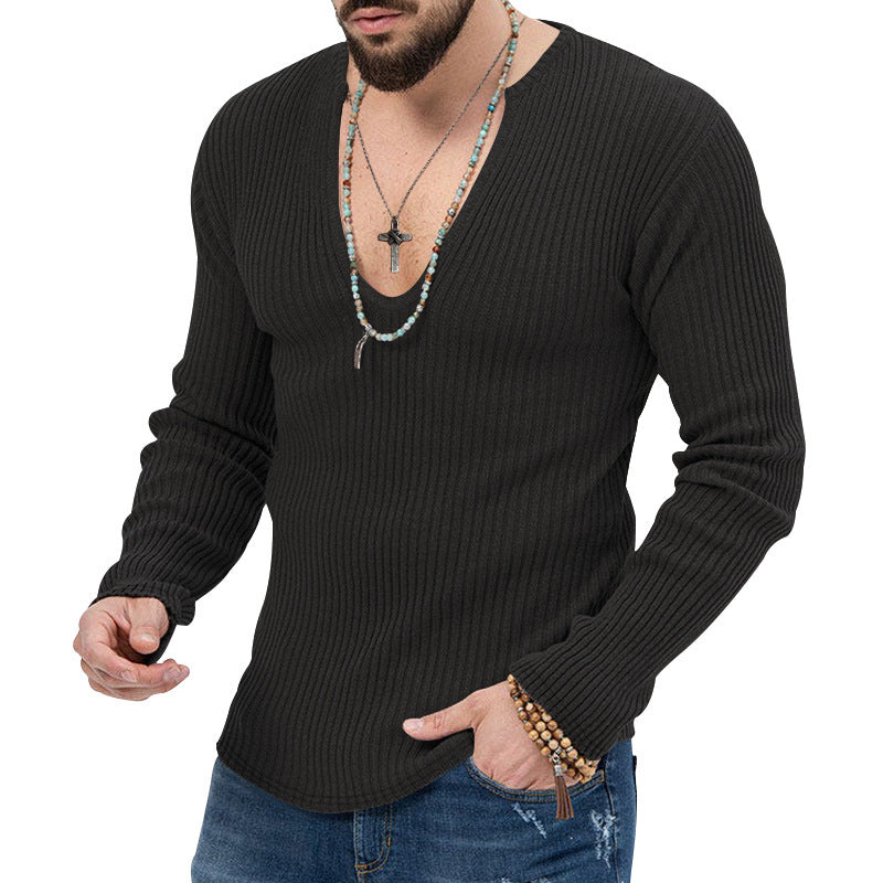 Herren Langarm-Ripp-Pullover mit V-Ausschnitt und lässigem Schnitt Echoarchiv