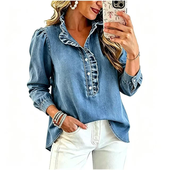Damen Denim-Bluse mit Rüschenkragen und Puffärmeln Echo Archiv