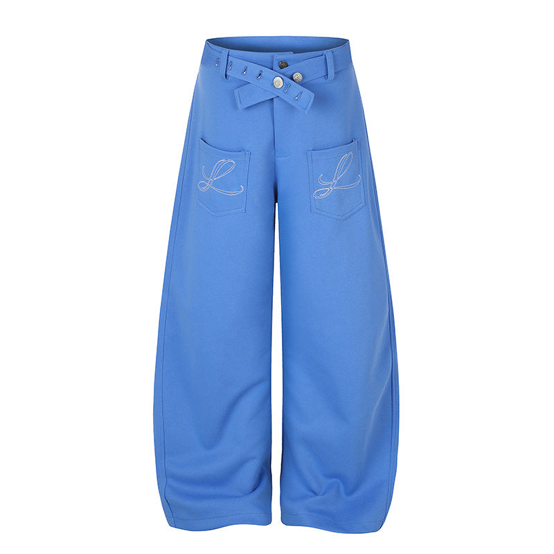 Damen Weite High‑Waist Palazzo-Jogginghose mit aufgesetzten Taschen, Zierstickerei und verstellbarem Gürtel Echoarchiv
