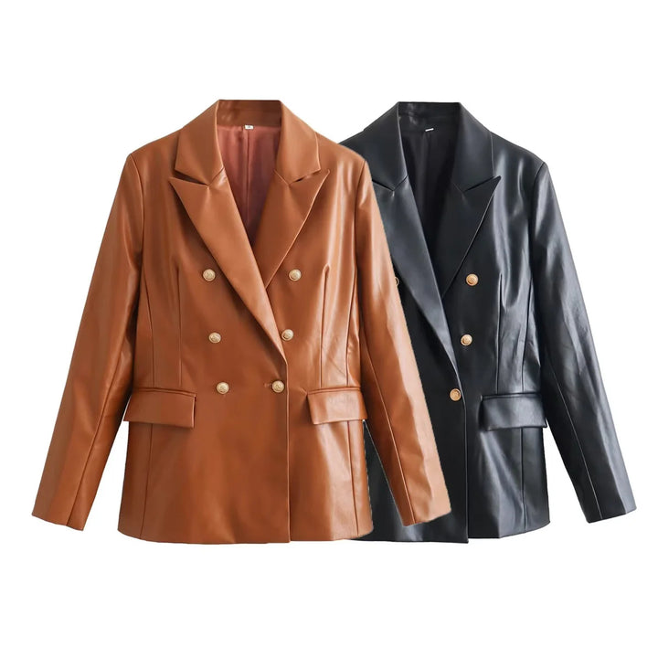 Damen taillierter Doppelreiher-Blazer aus veganem Lederimitat mit Schalkragen – Valéne
