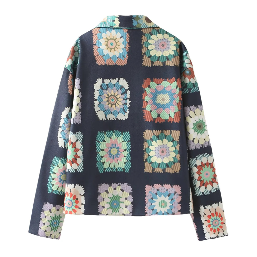 Damen nan gemusterte kurze Boxy-Jacke mit floralen Patchwork-Quadraten Echo Archiv