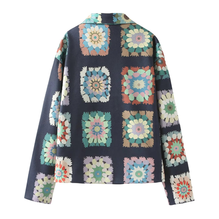 Damen nan gemusterte kurze Boxy-Jacke mit floralen Patchwork-Quadraten Echo Archiv