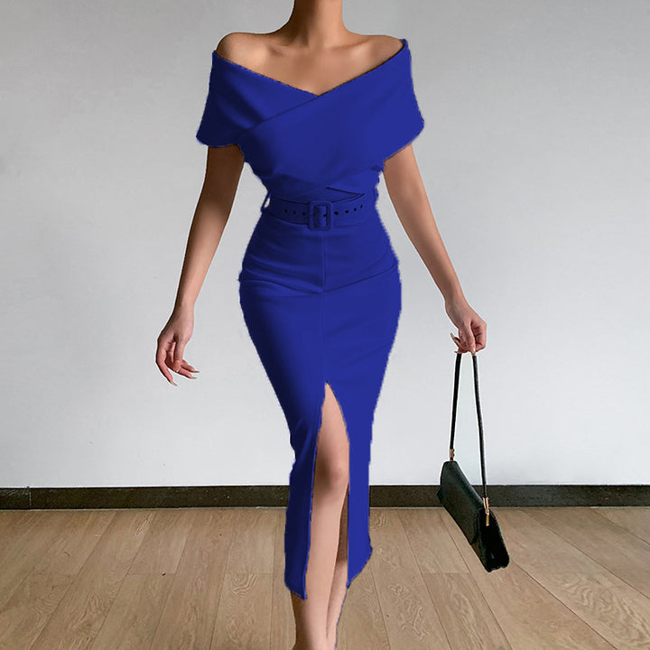 Damen Off-Shoulder Maxikleid mit Taillengürtel und seitlichem Schlitz Echo Archiv