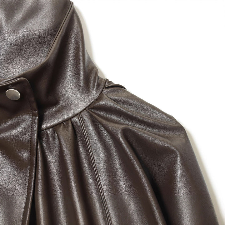 Damen kastiger Kunstleder-Blouson mit hohem Stehkragen, geraffter Schulterpartie und ballonärmeln – Célinea