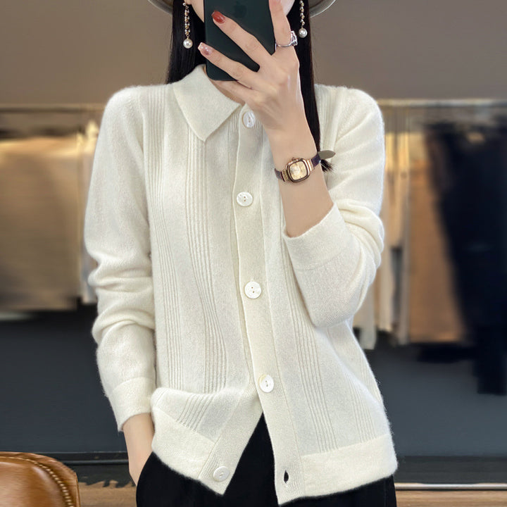 Damen Knopfcardigan mit Hemdkragen und feiner Längsrippenstruktur Echoarchiv