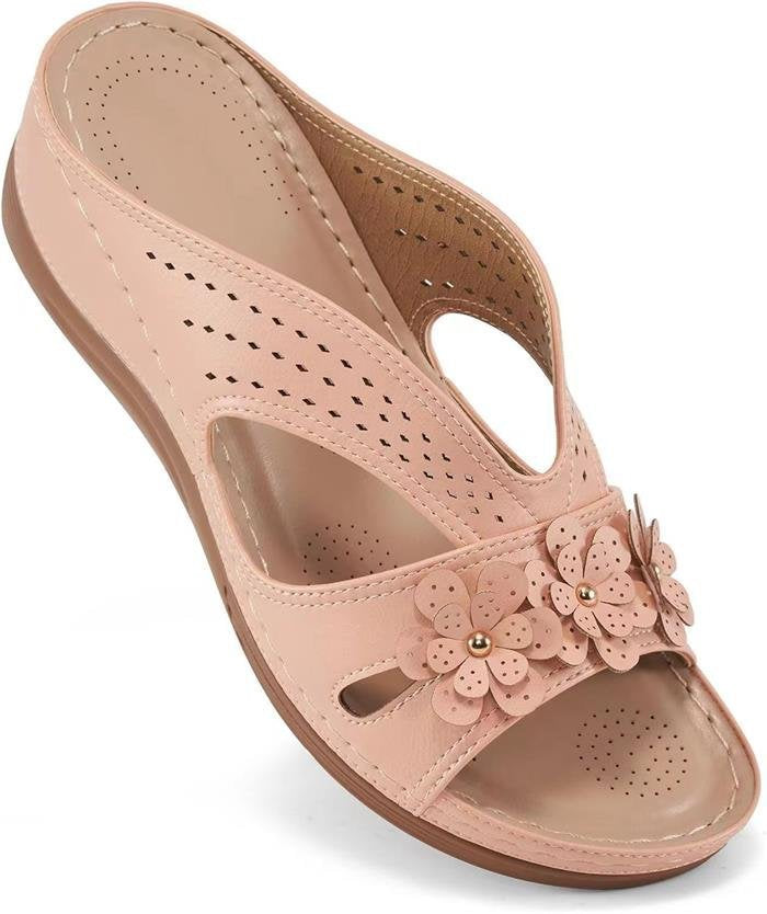 Damen Bequeme Pantoletten mit Blumenapplikation und orthopädischer Dämpfung – Sorelia