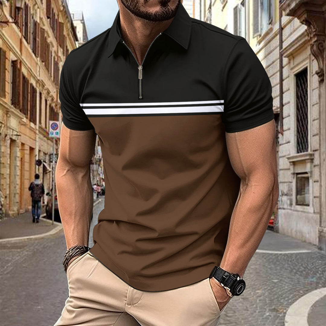 Herren Polo-Shirt mit farblich abgesetzten Streifen und kurzem Reißverschluss Echoarchiv