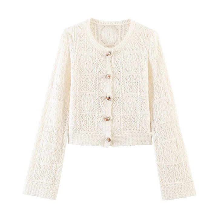 Damen Häkelstrick-Cardigan mit Rundhals, filigranem Lochmuster und Zierknöpfen Echoarchiv