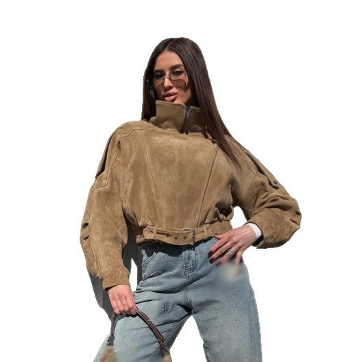 Damen Kurz geschnittene Wildleder-Bomberjacke mit Gürtel & Oversize-Ärmeln Echoarchiv