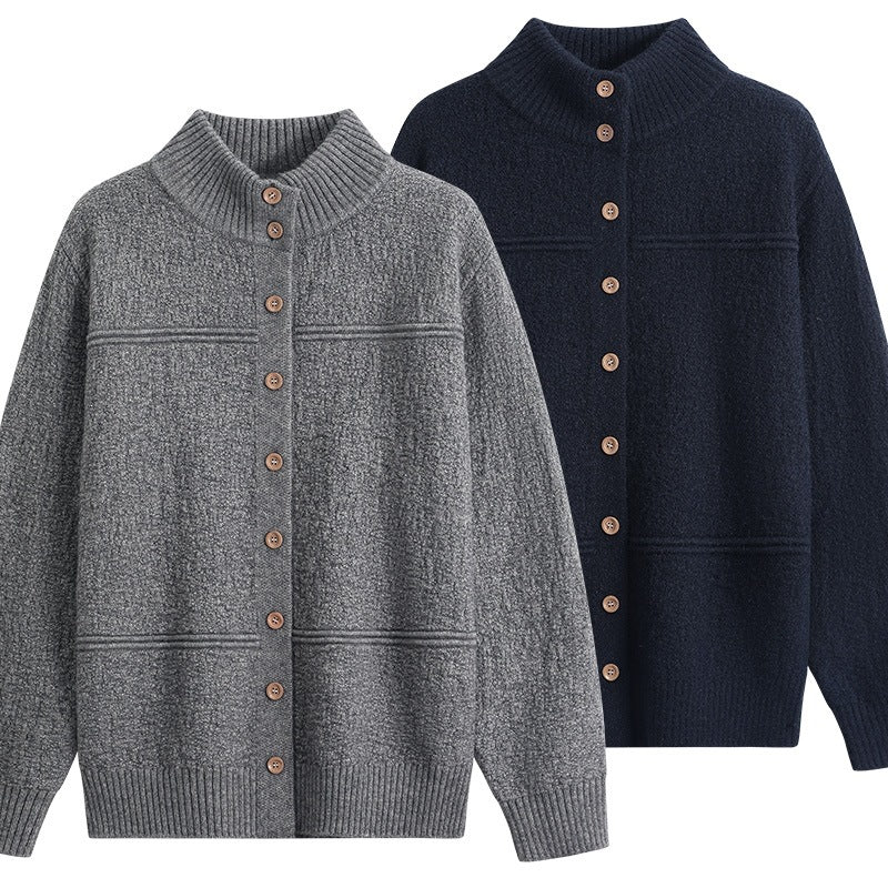 Damen Langer Oversize-Wollmix-Cardigan mit hohem Rippenkragen und Vintage-Knöpfen Echoarchiv