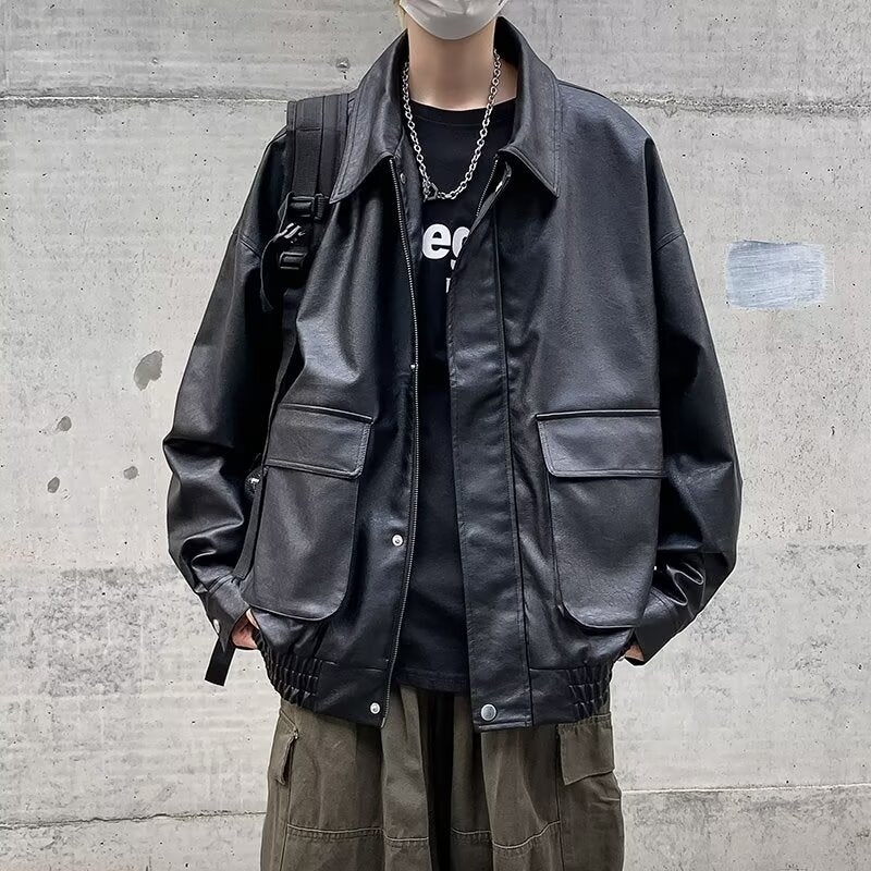 Herren Boxy Overshirt aus Lederoptik mit Hemdkragen und aufgesetzten Brusttaschen Echoarchiv