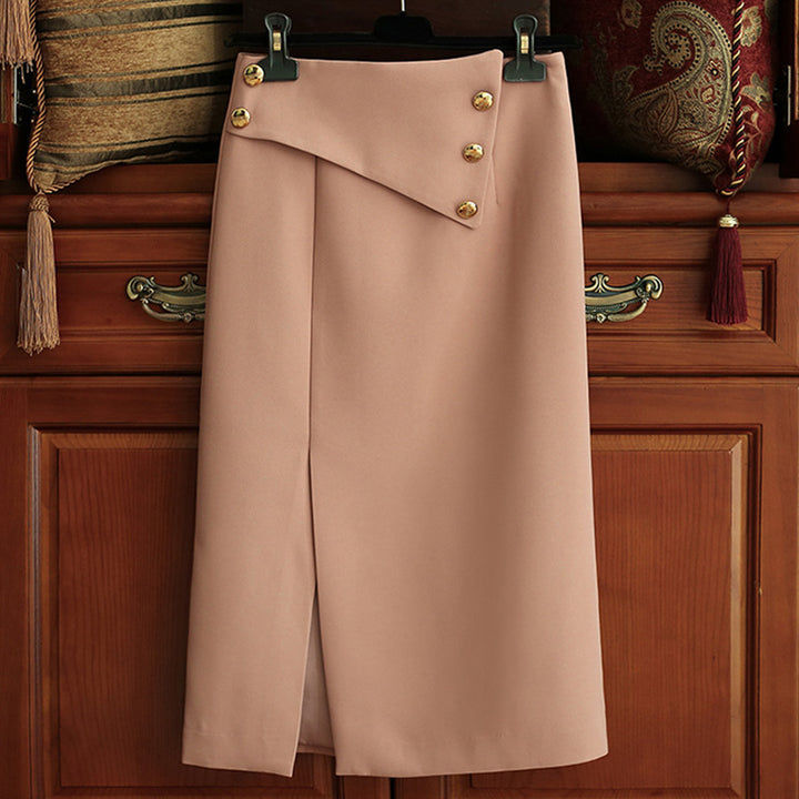 Damen Eleganter Midirock mit asymmetrischem Schnitt und Goldknöpfen Echoarchiv