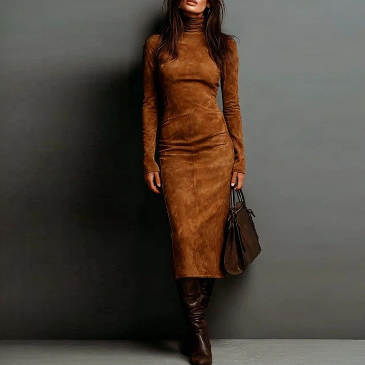 Damen Tailliertes Midi Kleid im Samt-Look mit Rollkragen und maßgeschneiderter Silhouette – Élara